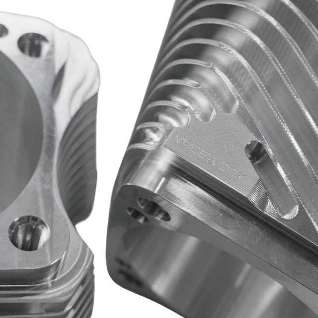 Close-up of Billet Cylinder Block For Milwaukee 8 (Touring 2018+) showing detailed CNC machining and engraved branding for premium engine fitment.