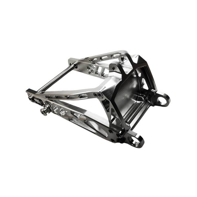 Angled side view of Billet V1 Long Swingarm +3in for Softail 2018+, featuring lightweight design and precision-engineered cutouts.