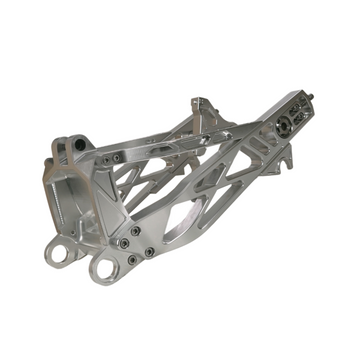Billet V1 Swingarm (Softail 2018+) in raw aluminum finish with precision CNC-machined design for enhanced strength and performance.