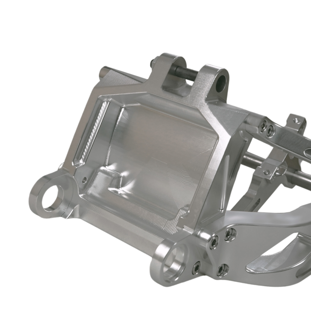 Rear mounting section of Billet V1 Swingarm (Softail 2018+) showing robust construction and clean CNC finish.