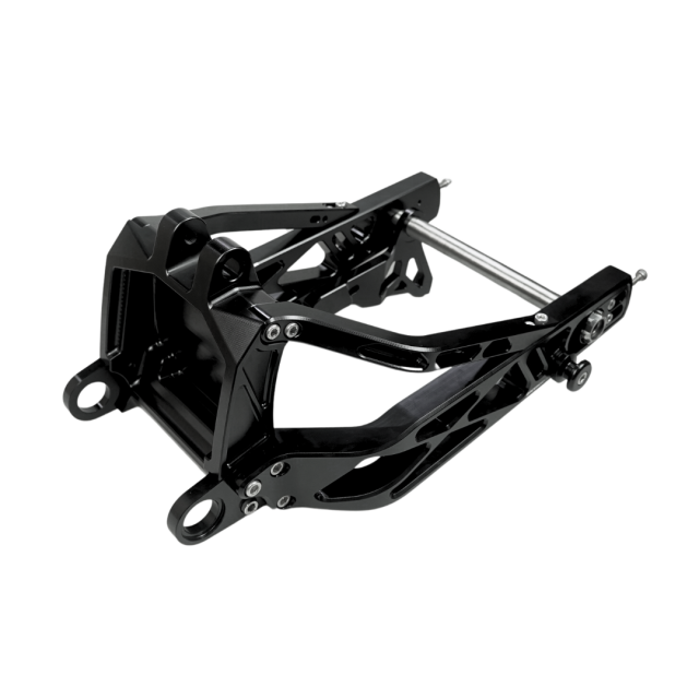 Black anodized Billet V1 Swingarm (Softail 2018+) with sleek finish and high-performance design for Softail models.