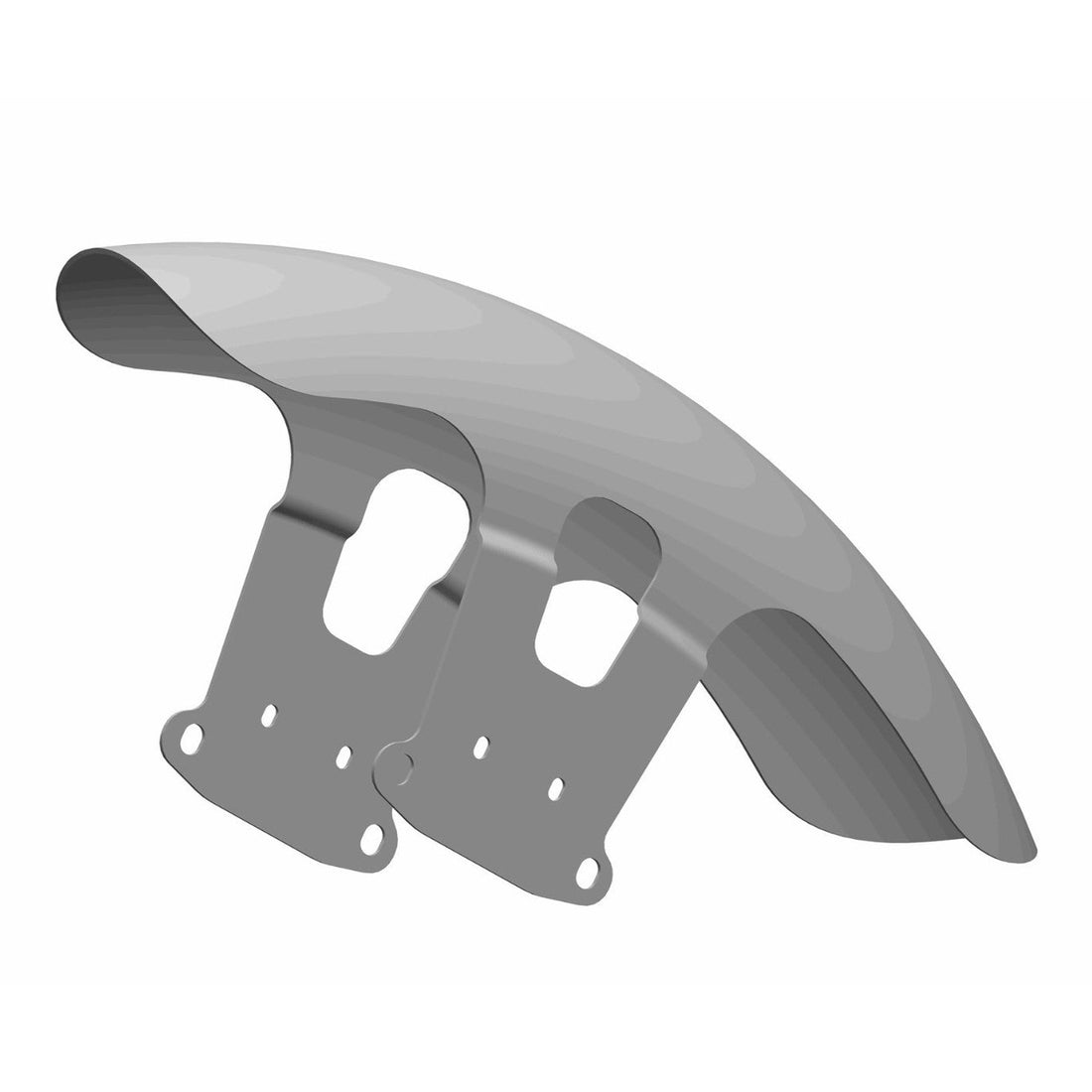 Front Fender 23" for Fat Boy 2018+ in raw metal finish with dual mounting brackets, ideal for custom motorcycle builds and replacements.