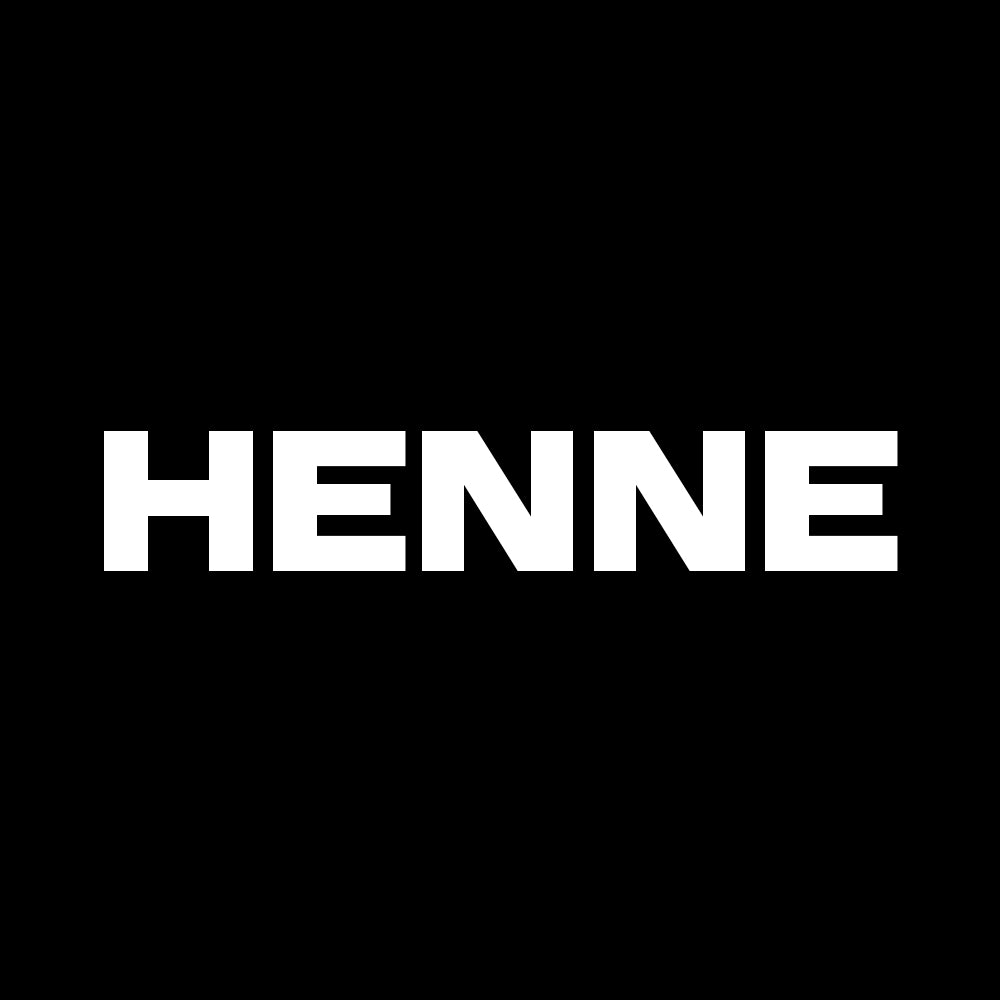 HENNE logo in bold white capital letters on a solid black background, representing the brand identity in a minimalist style.